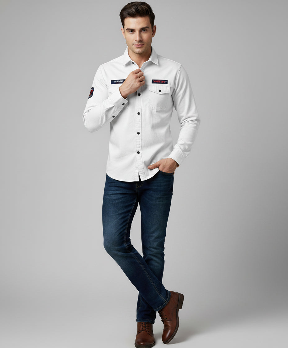 Men's White Full Sleeve Shirt with Patches
