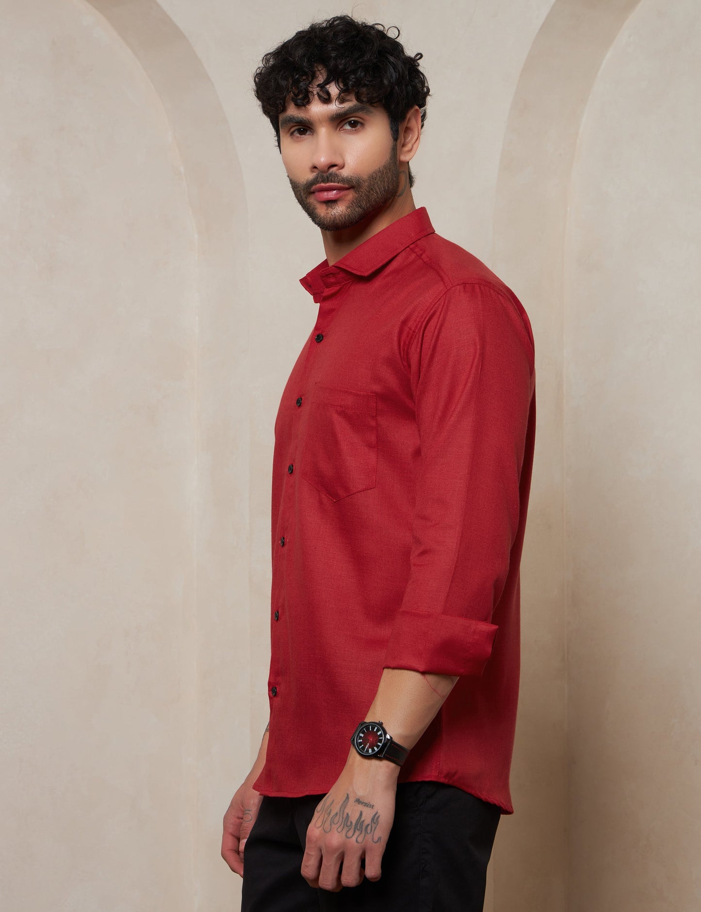 Men's Ruby Red Structured Spread Collar Cotton Shirt