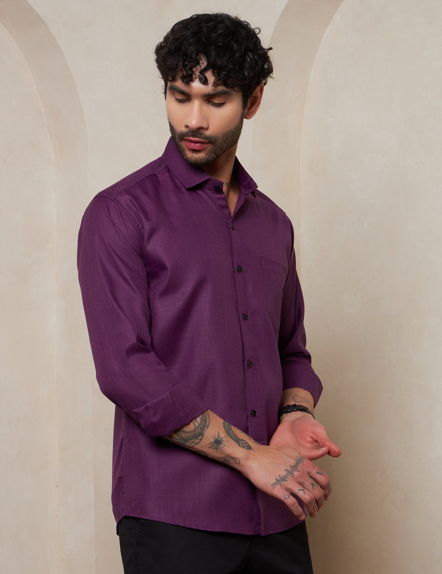 Men’s Deep Plum Purple Textured Cotton Formal Shirt