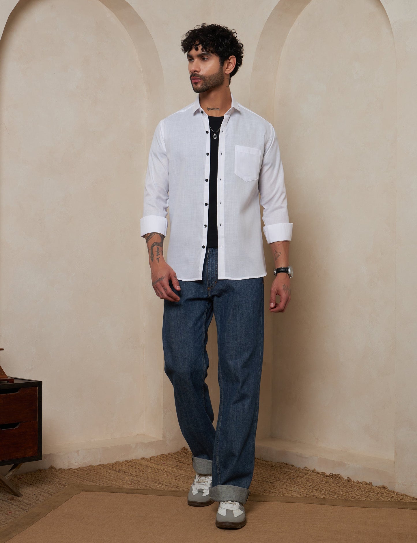 Men’s White Solid Linen-Look Casual Shirt with Contrast Buttons