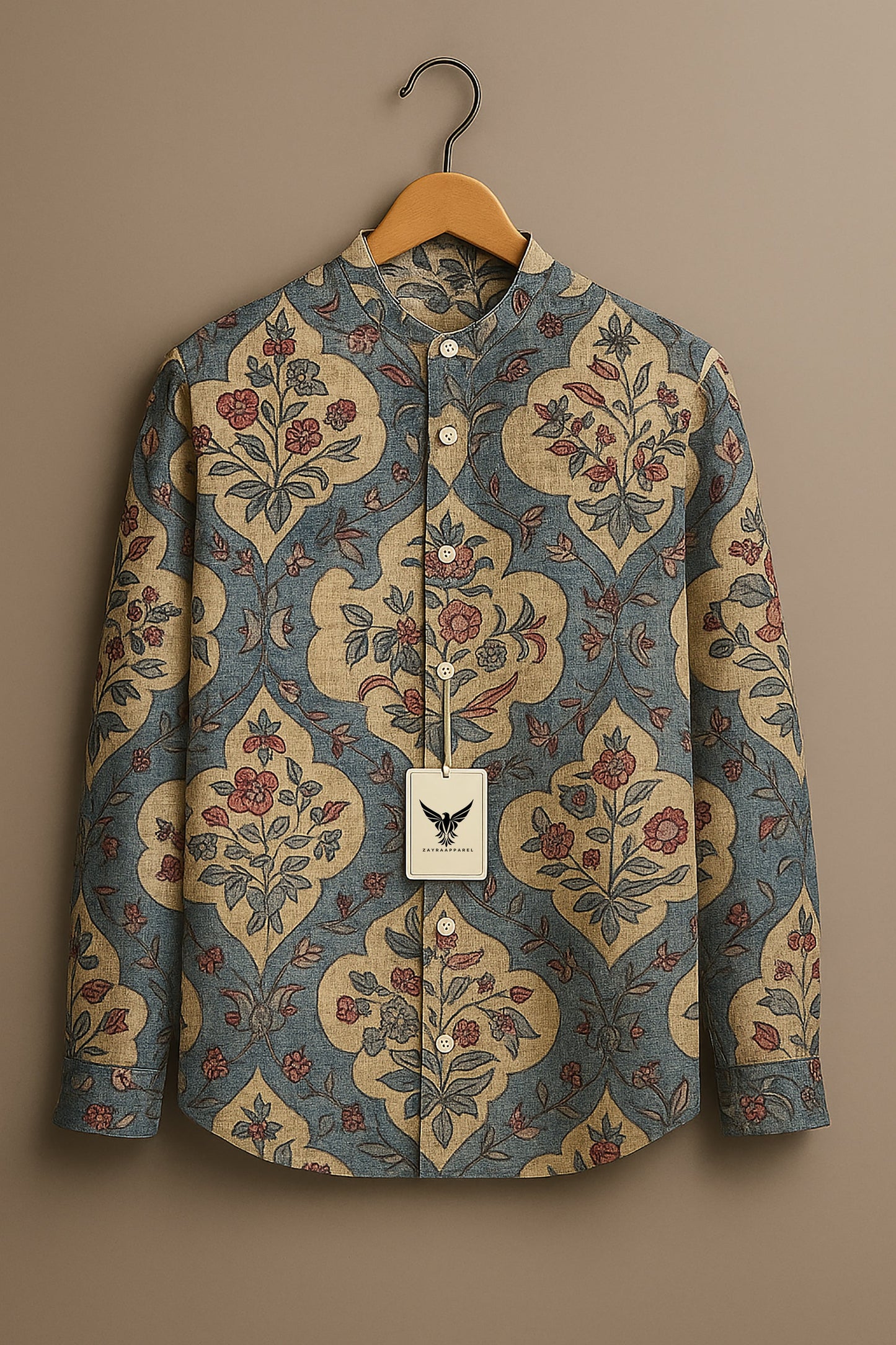 Vintage Persian Damask Band Collar Shirt