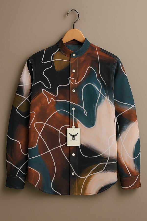 Abstract Swirl Print Mandarin Collar Shirt