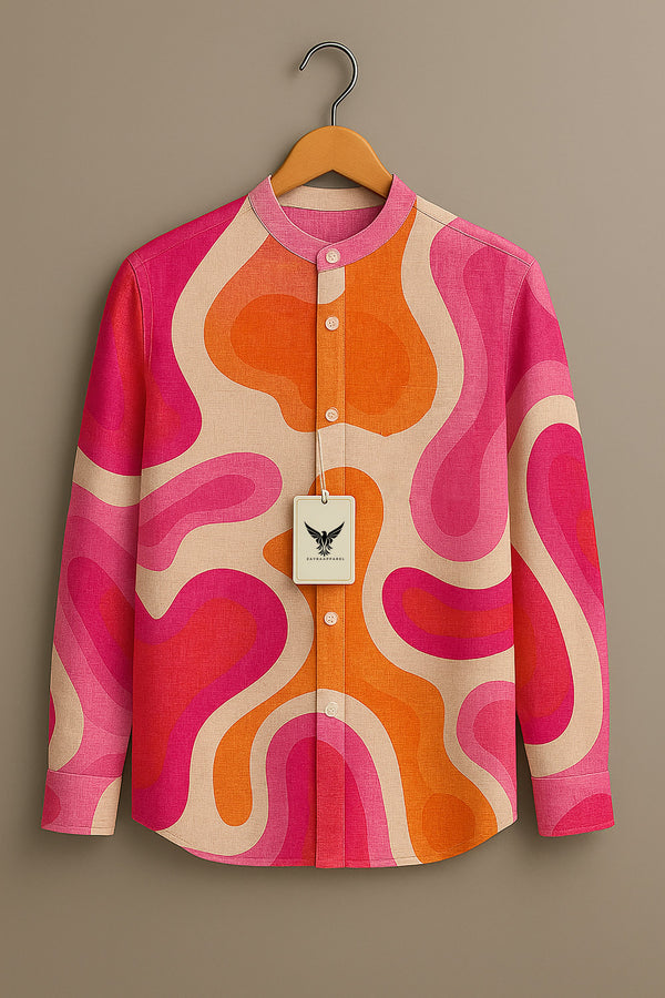 Vibrant Pink & Orange Abstract Wave Print Band Collar Shirt