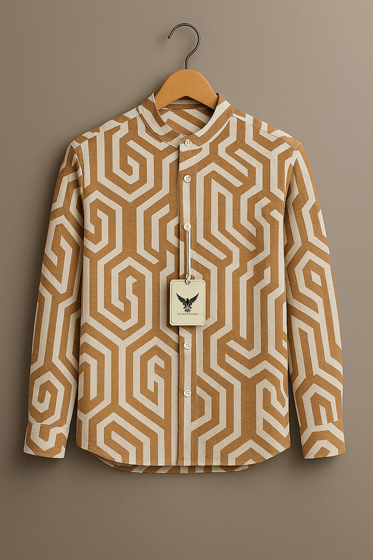 Retro Hexagon Pattern Mandarin Collar Full Sleeve Shirt