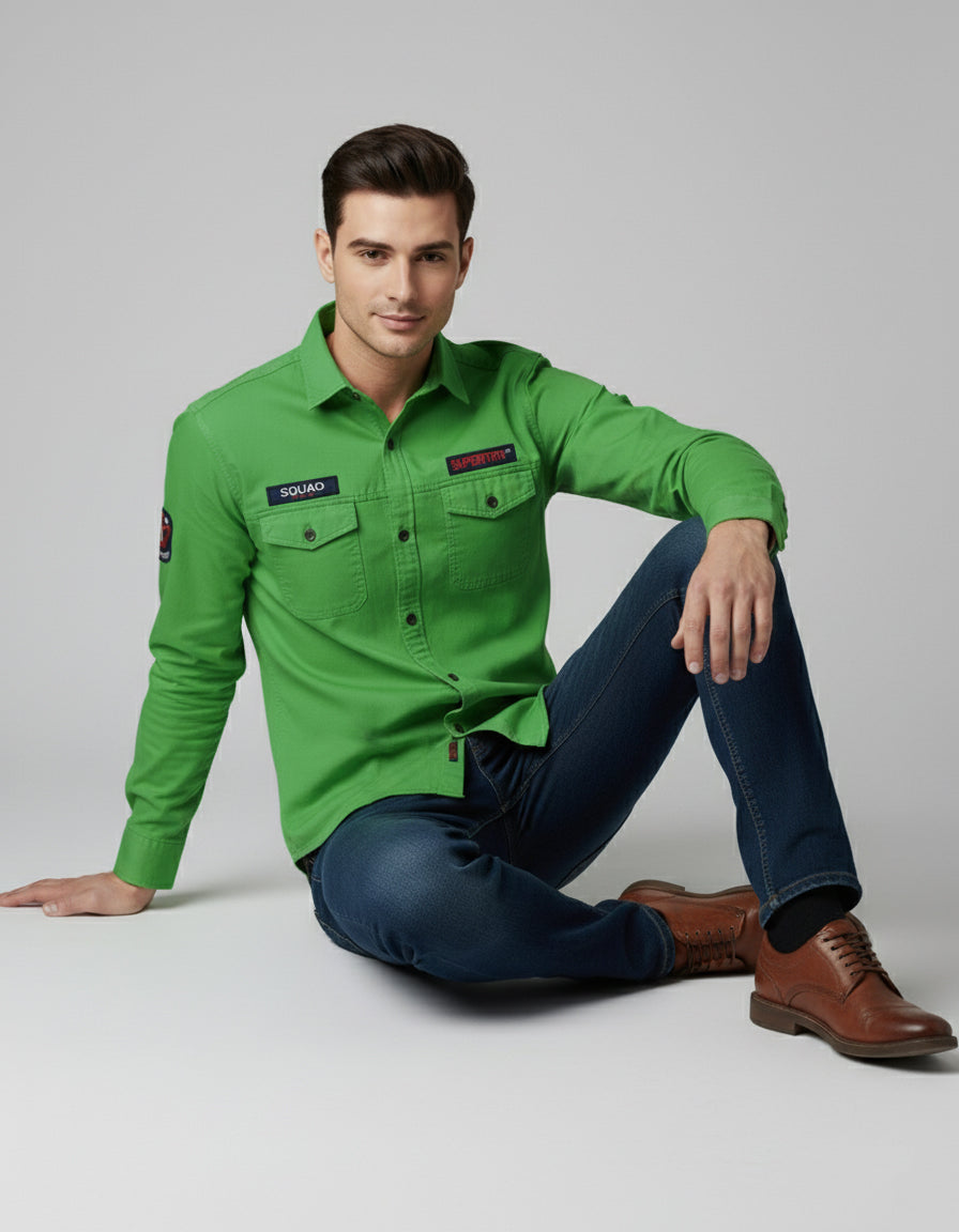 Vibrant Green Cotton Casual Shirt with Chest Pocket & Appliqués