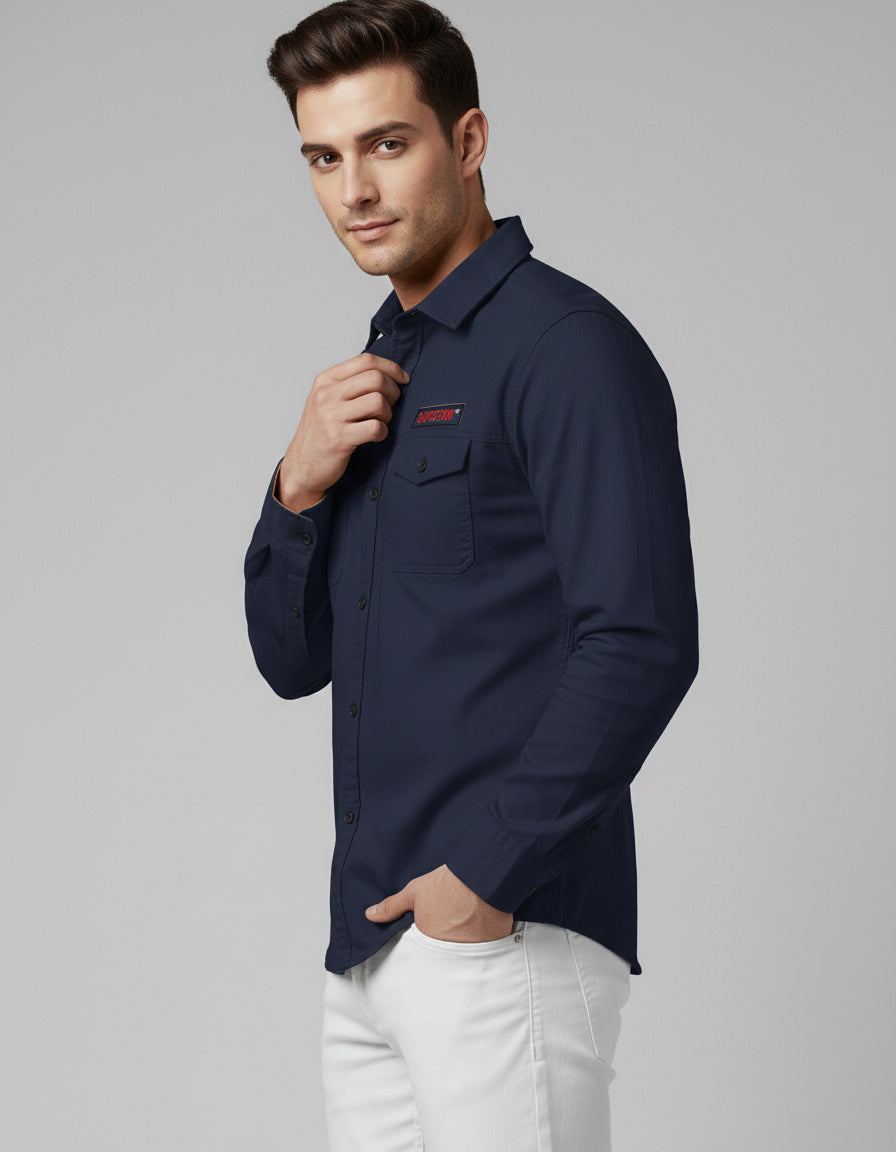 Utility Style Navy Shirt with 'Squad' Patches | Button-Down Casual Wear