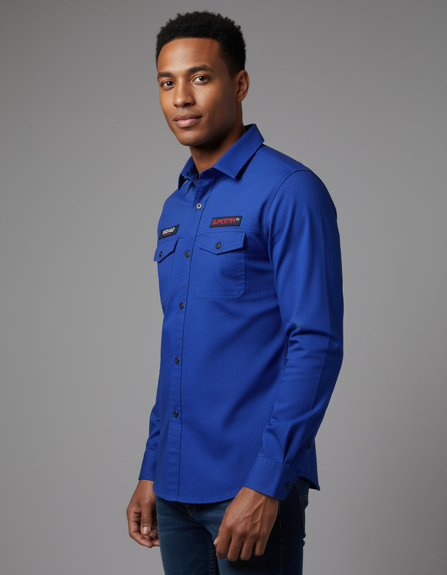 The Bold Cobalt Blue Casual Shirt | Patched Utility Style