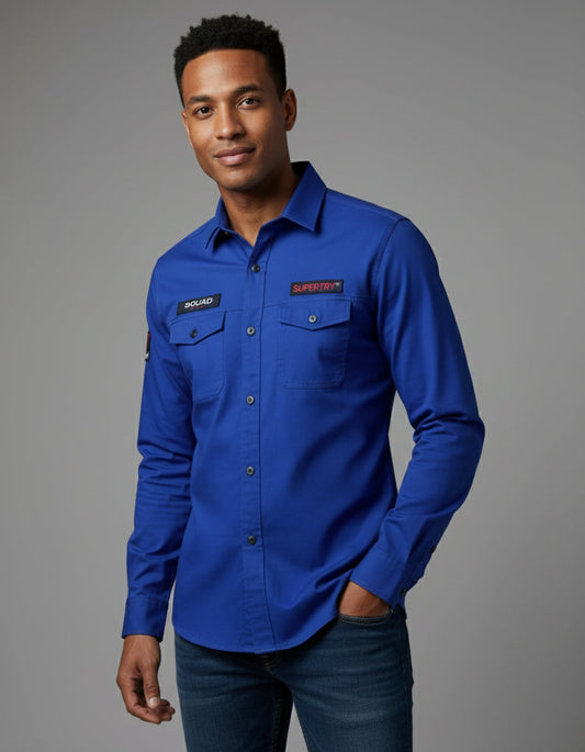 The Bold Cobalt Blue Casual Shirt | Patched Utility Style