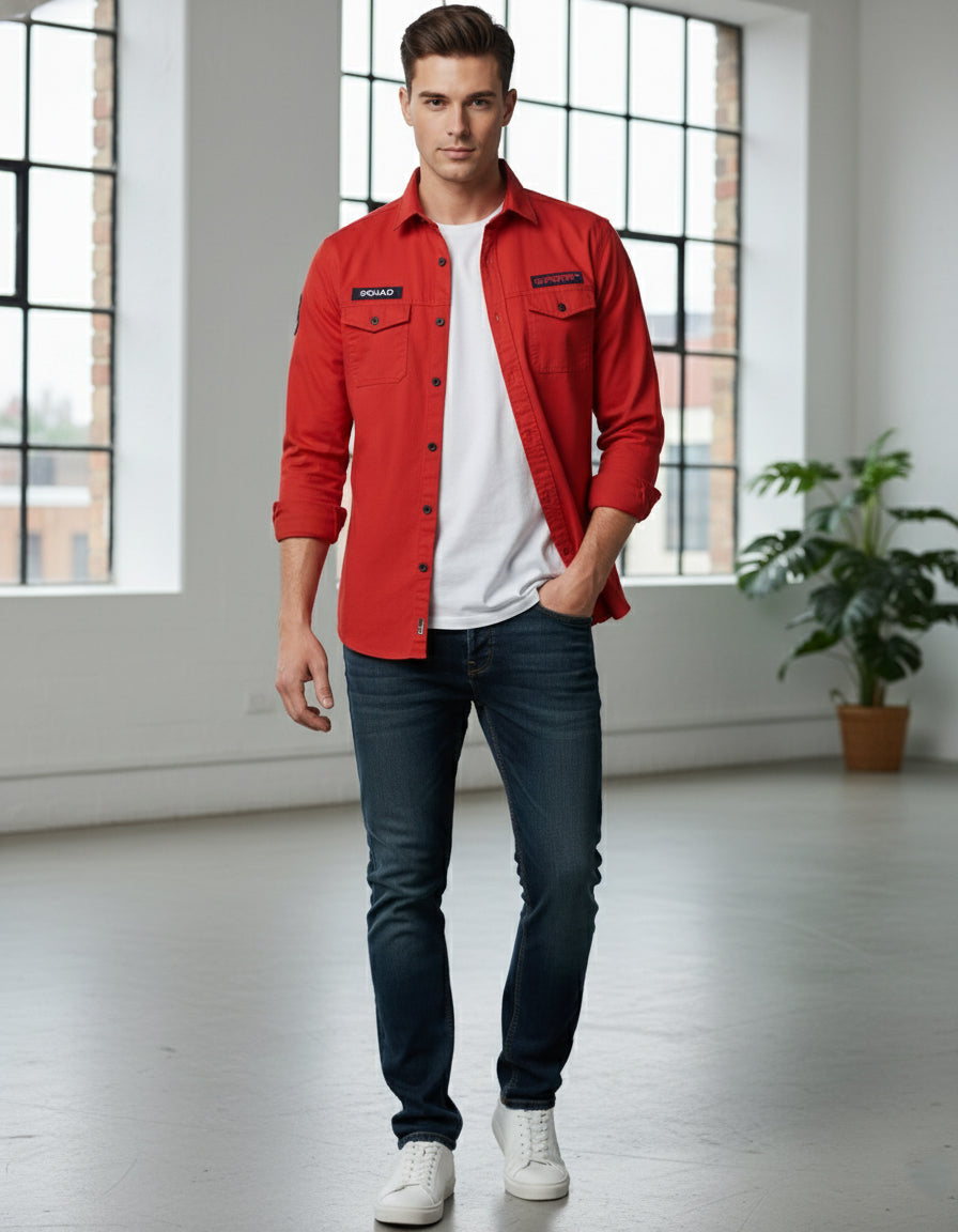 Utility Style Red Shirt with 'Squad' Patches | Button-Down Casual Wear