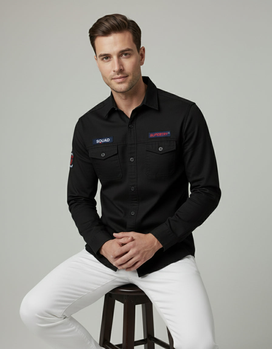 Men's Black Slim Fit Casual Shirt with Utility Pockets & Patches