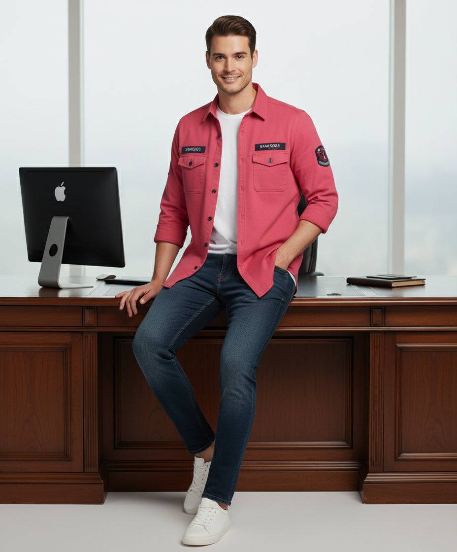 The Bold Statement Pink Casual Shirt | Patched Utility Style