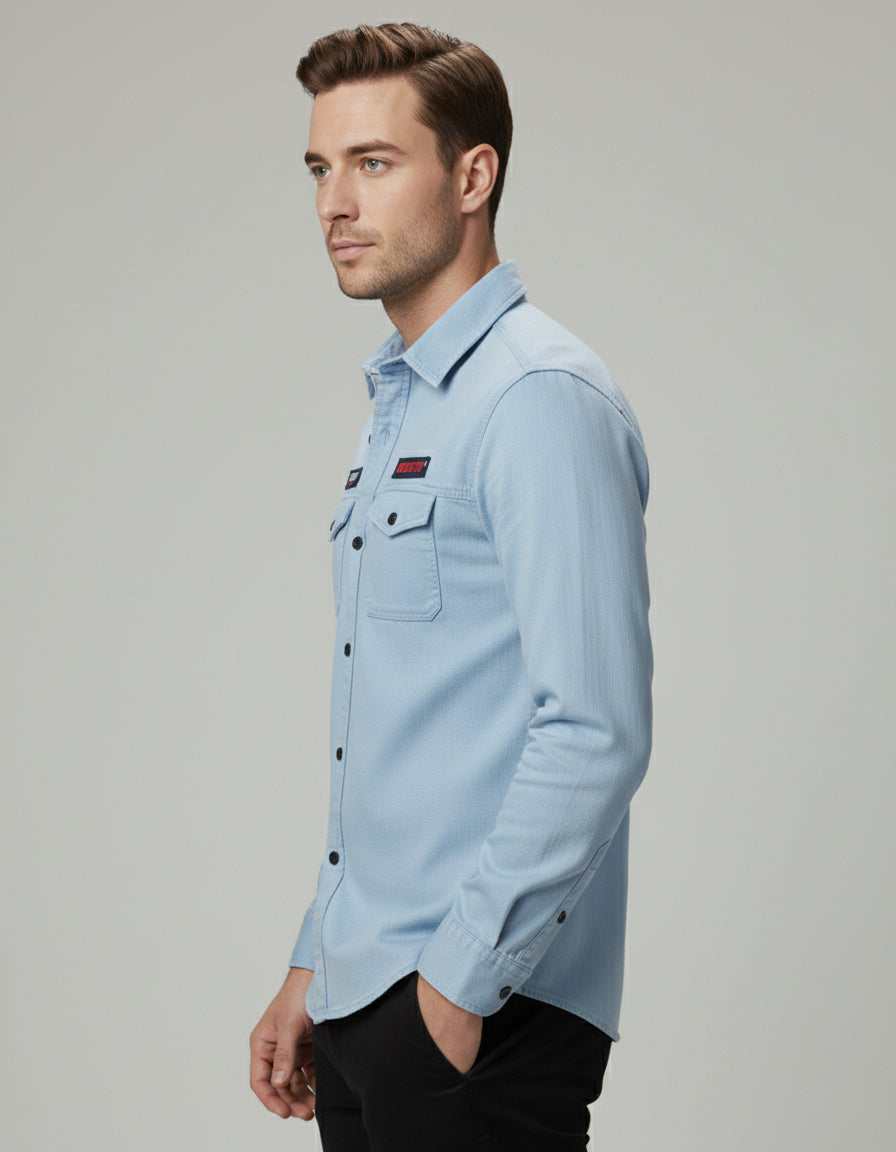 The Vintage Wash Light Blue Casual Shirt | Patched Utility Style