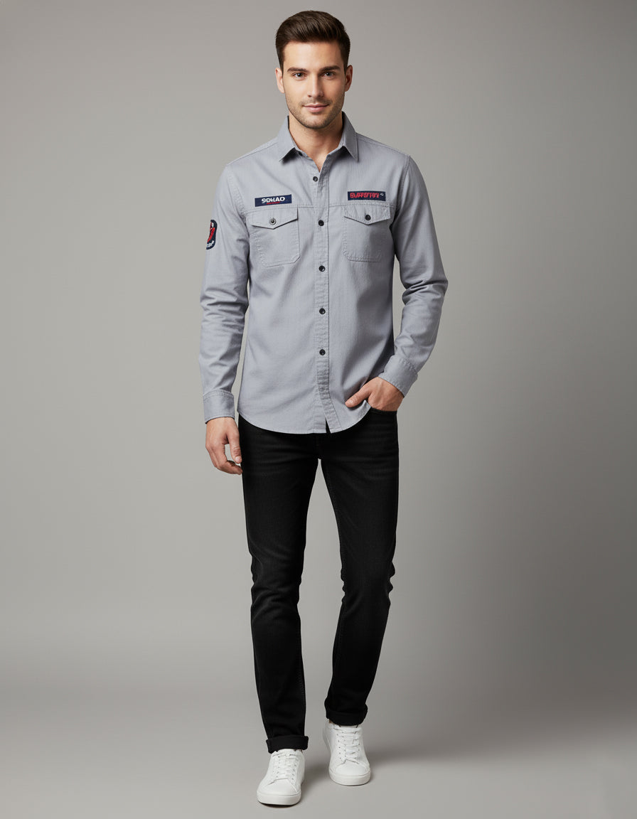 Men's Slim Fit Grey Casual Shirt | Utility Pockets & Tactical Patches