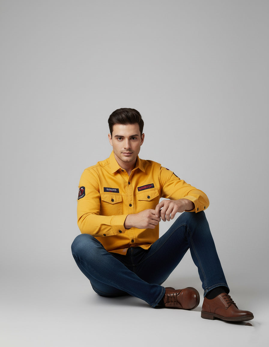 Men's Mustard Yellow Utility Shirt - Long Sleeve Slim Fit with Flap Pockets