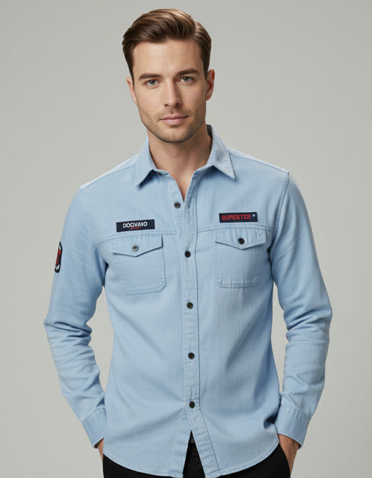 The Vintage Wash Light Blue Casual Shirt | Patched Utility Style