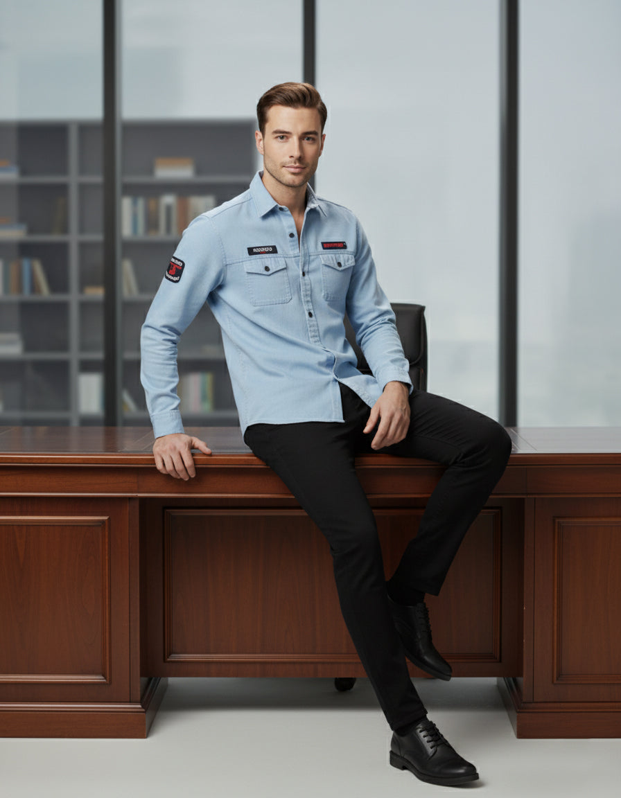 The Vintage Wash Light Blue Casual Shirt | Patched Utility Style