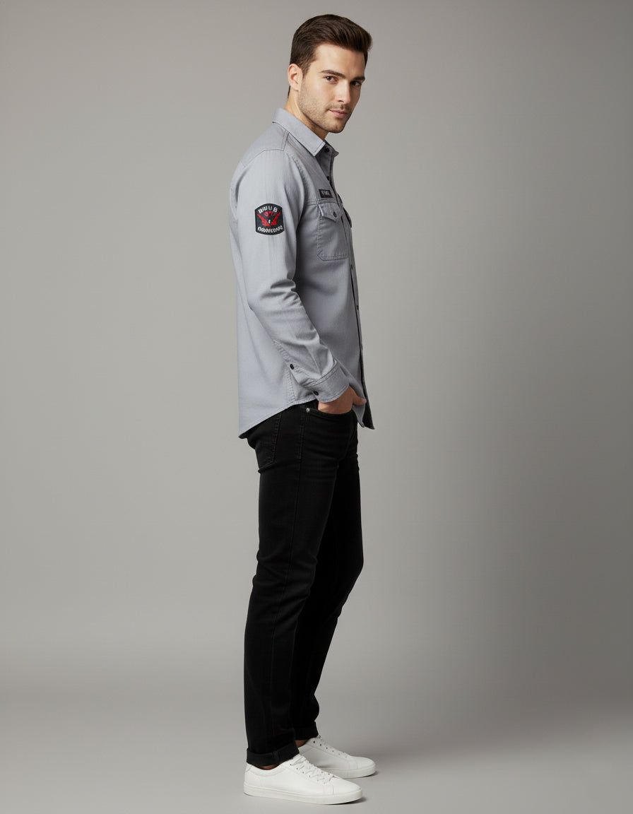 Men's Slim Fit Grey Casual Shirt | Utility Pockets & Tactical Patches