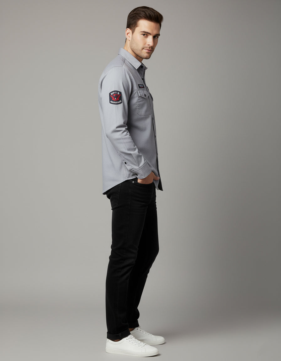 Men's Slim Fit Grey Casual Shirt | Utility Pockets & Tactical Patches