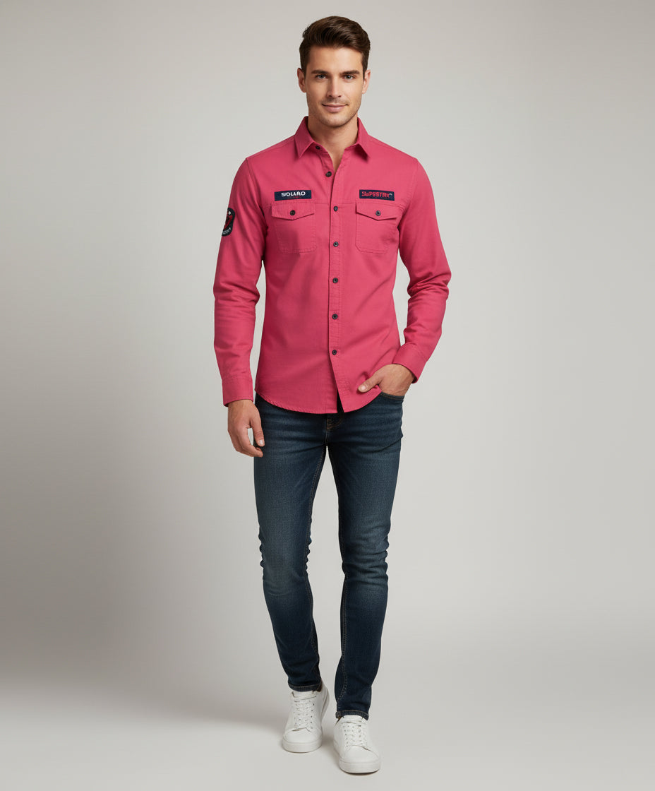 The Bold Statement Pink Casual Shirt | Patched Utility Style