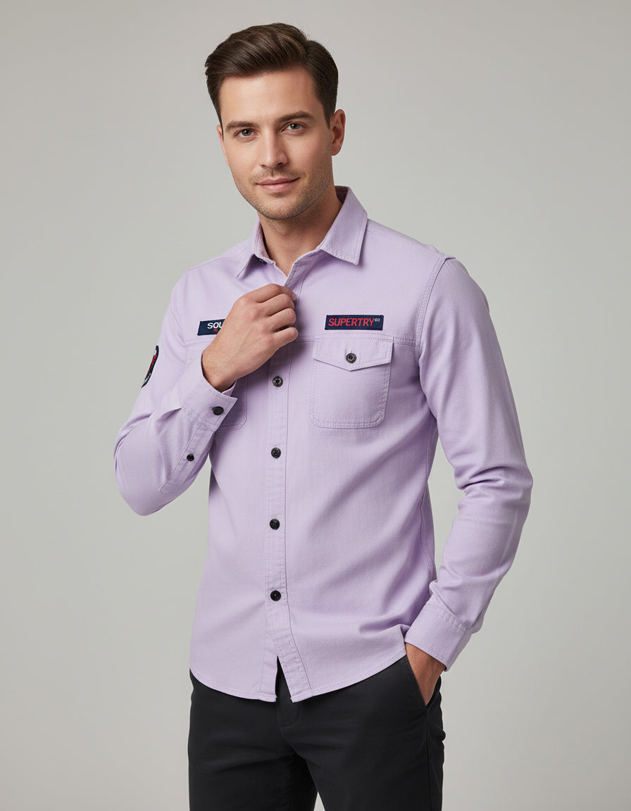 Men's Solid Pastel Purple Shirt with Logo Appliqués | Double Pocket