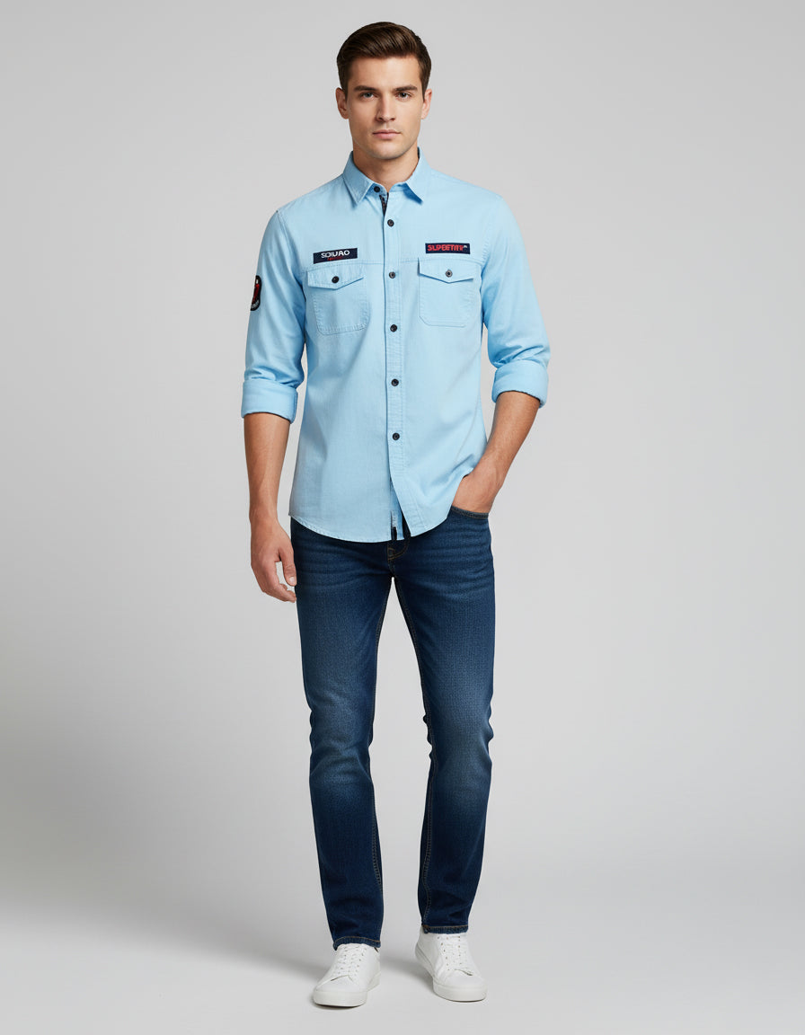 The Weekend Warrior Light Blue Casual Shirt | Full Sleeve Utility Look