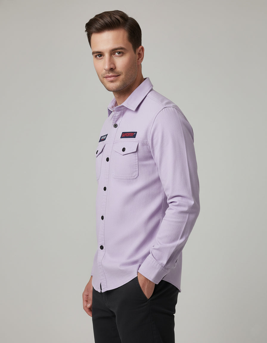 Men's Solid Pastel Purple Shirt with Logo Appliqués | Double Pocket