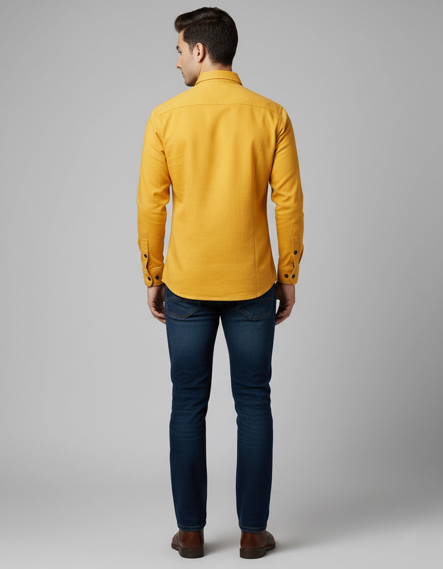 Men's Mustard Yellow Utility Shirt - Long Sleeve Slim Fit with Flap Pockets