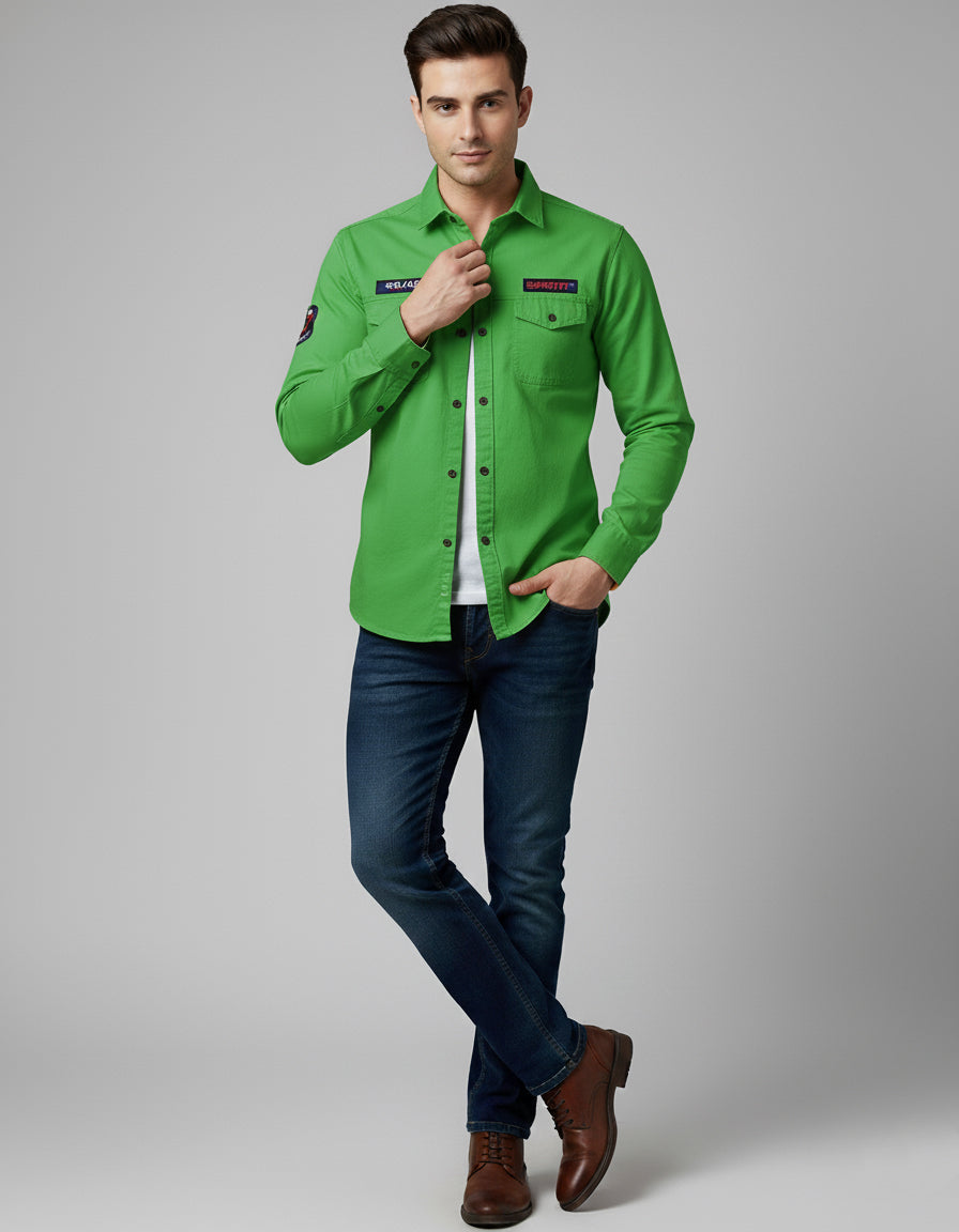 Vibrant Green Cotton Casual Shirt with Chest Pocket & Appliqués