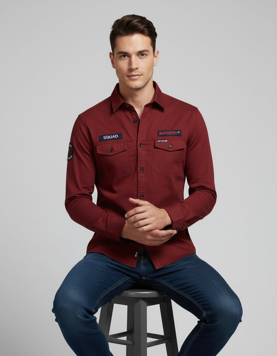 Men's Maroon Full Sleeve Casual Shirt with Patches
