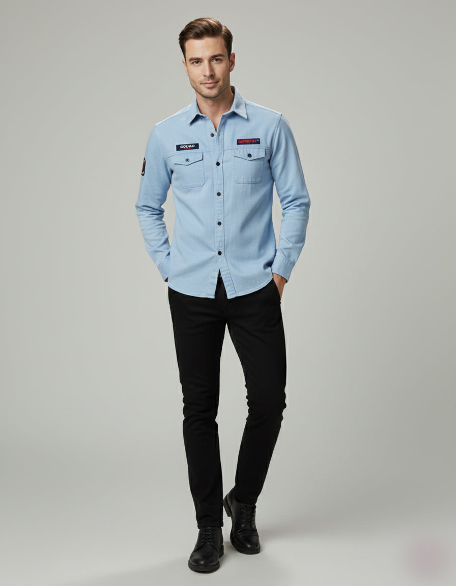 The Vintage Wash Light Blue Casual Shirt | Patched Utility Style